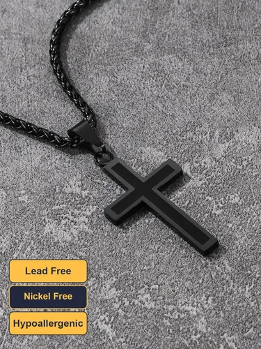 Miniatura 7 de U7 Collar de cruz simple para hombres y mujeres, acero inoxidable, plateado, negro, oro, cruz latina, colgante, grabable, longitud de 22 a 24