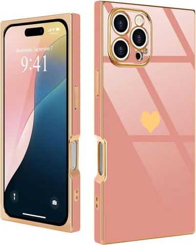 Miniatura 48 de Compatible con iPhone 12 Funda Rectangular Bonita Chapado Dorado Lujo Corazón de Amor Funda de Teléfono para Mujeres Niñas A Prueba de Golpes