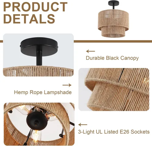 Miniatura 2 de 12.6" Boho Light Fixtures Ceiling Mount, Coastal Hemp Rope Semi Flush Mount Ceiling Light,3-Light Rustic Rattan Ceiling Light With 2-Tier Drum Shade