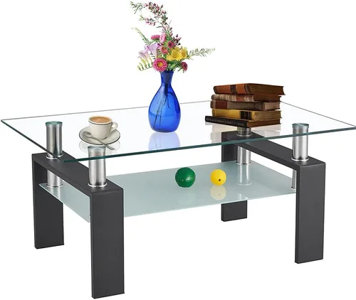Miniatura 10 de Mesa de centro rectangular de cristal, moderna mesa de centro lateral con estante inferior, patas de madera para muebles de sala de estar (negro)