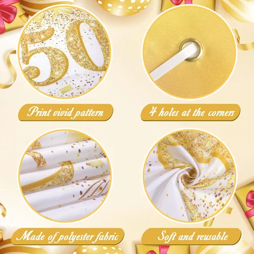 Miniatura 7 de Decoraciones de aniversario de boda de 50 años, pancarta de feliz 50 aniversario de oro blanco y 18 globos dorados de aniversario de boda 50