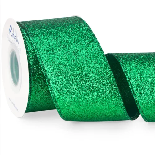 Miniatura 14 de Ribbli - Cinta con alambre de brillantina verde esmeralda, verde con borde metálico, cinta de Navidad para corona, decoración del árbol de Navidad