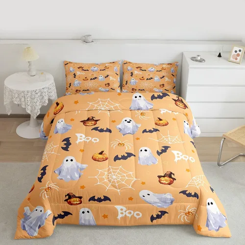 Miniatura 25 de Juego de edredón rosa con temática de Halloween, tamaño individual, edredón de farol de calabaza para adolescentes, juego de ropa de cama de Multi