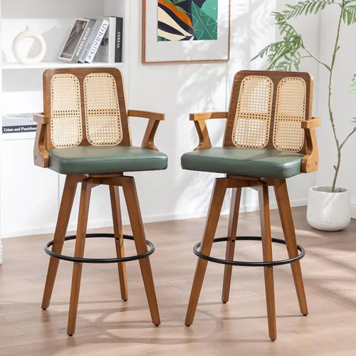 Miniatura 16 de Juego de 2 Taburetes de Mostrador - Taburetes Giratorios de 27 Pulgadas con Respaldo de Ratán, Brazos Curvos, Asiento Tapizado, Patas de Bambú Nogal