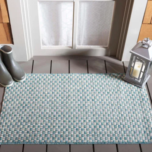 Miniatura 84 de SAFAVIEH Alfombra lavable al aire libre Courtyard Collection - 6'7" x 9'6", azul claro y gris claro, no desprende pelusa y fácil limpieza, ideal