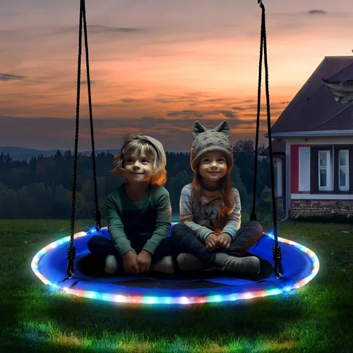Miniatura 7 de Trekassy Columpio de árbol de platillo de 40 pulgadas con luces LED para niños y adultos, al aire libre, 2 correas para colgar en árboles, color azul