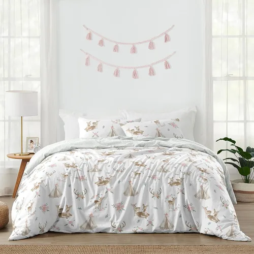 Miniatura 12 de Sweet Jojo Designs Juego de edredón individual de 2 piezas (flores de ciervos del bosque) para niñas, niños, ropa de cama para niños, cama en una