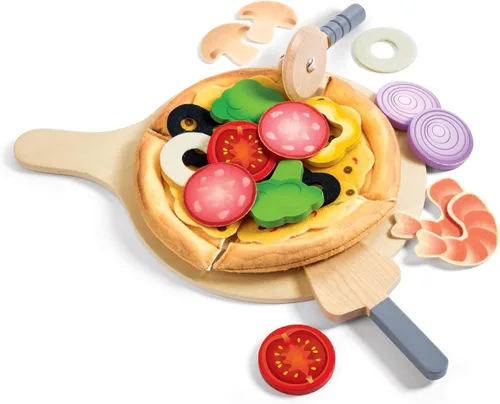 Hape Juego de madera de pizza perfecto para cocina de niños, horno de pizza 2 en 1 y caja de entrega, 29 piezas de juego de simulación para niños