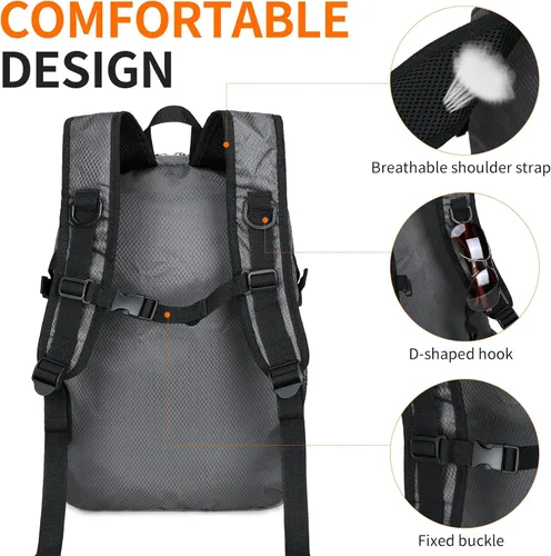Miniatura 8 de Mochila de senderismo pequeña de 35 litros de largo, ligera, plegable, resistente al agua, para mujeres y hombres, campamento (gris)