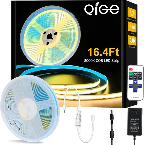 COB - Tira de luces LED blanca cálida de 3000 K, 16.4 pies, alta densidad, 24 V, 2400 LED, 350+ LM/FT, CRI 90+, IP20, iluminación para cocina,