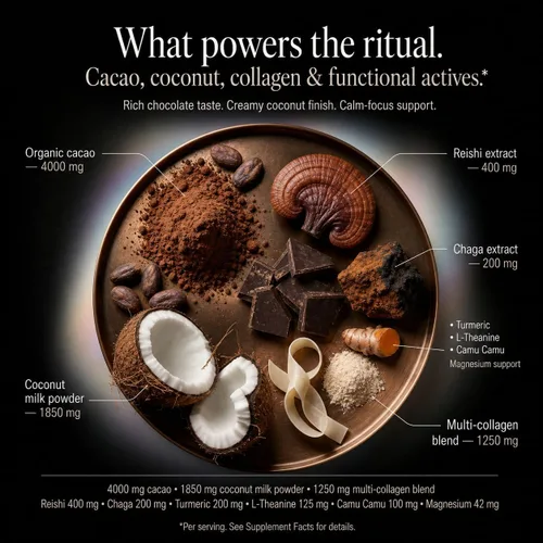 Miniatura 6 de Mushroom Cacao Organic Powder Sugar Free - 1250mg Multi-Collagen Peptides Blend, Reishi, Chaga, Magnesium, L-Theanine, Turmeric & Camu Camu, 30