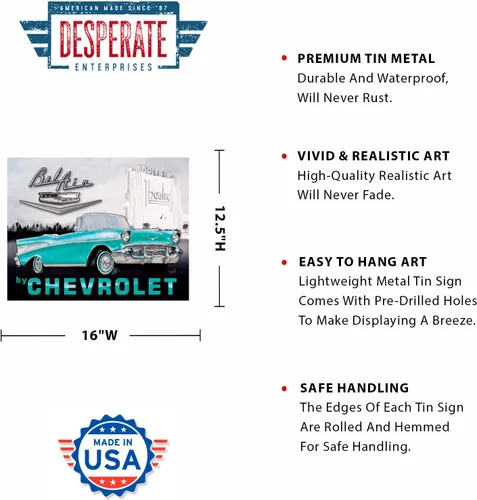 Miniatura 2 de Desperate Enterprises 1957 Chevrolet Bel Air - Letrero de hojalata nostálgico vintage de metal para pared, fabricado en Estados Unidos