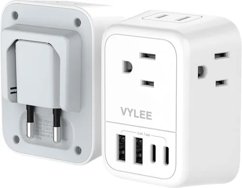 VYLEE Adaptador de enchufe de viaje, adaptador de enchufe internacional con 4 salidas de CA, 4 puertos USB (2 USB C), adaptador de viaje tipo C,