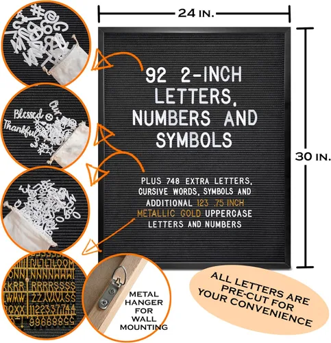 Miniatura 2 de Tablero de letras de fieltro negro en marco negro de 24 x 30 pulgadas con letras doradas, tablero de fieltro grande para el regreso a clases