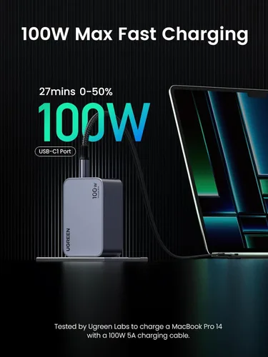 Miniatura 2 de UGREEN Nexode Pro 100W GaN Cargador de pared USB C, Cargador PPS compacto de 3 puertos y rápido para MacBook Pro/Air, Pixelbook, iPad, serie iPhone