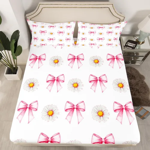 Miniatura 20 de Sábana bajera con lazo azul tamaño individual, juego de ropa de cama de princesa con cerezas, estrellas y flores margaritas de dibujos animados