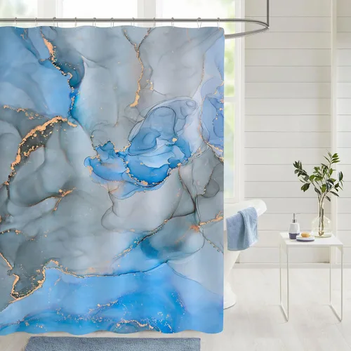 Miniatura 11 de Gibelle - Cortina de ducha pequeña de 36 x 72 pulgadas, cortina estrecha de medio tamaño abstracta azul gris mármol, juego de cortina de ducha