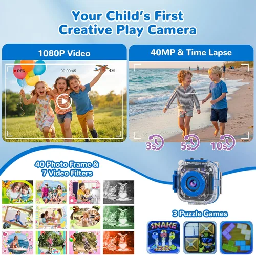 Miniatura 5 de PROGRACE Cámara impermeable para niños, cumpleaños para niños de 3 a 12 años, cámara de video submarina HD 1080P para niños, juguetes de piscina