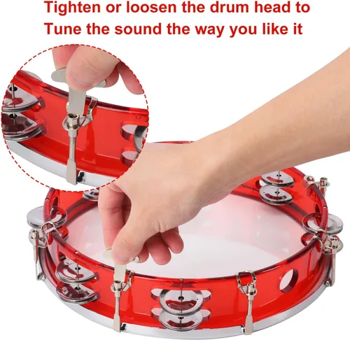Miniatura 3 de Pandereta ajustable roja de 10 pulgadas, tambor de instrumento de percusión musical con doble jingles de metal, pandereta de mano para adultos