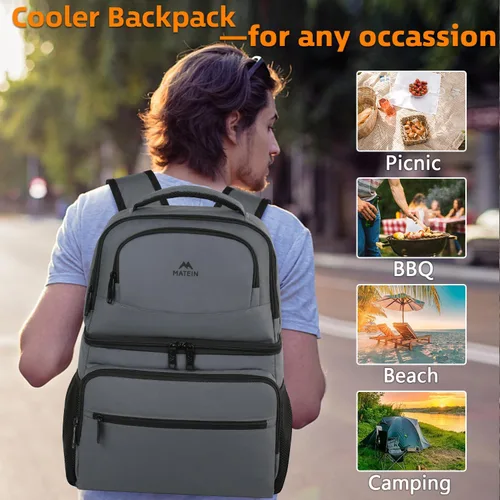 Miniatura 6 de MATEIN Mochila enfriadora, 26 latas, mochila térmica de almuerzo para hombres y mujeres, a prueba de fugas, de doble capa, mochila de almuerzo Gris