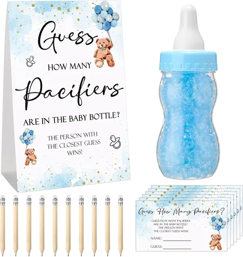 Miniatura 32 de Roowest 512 piezas de juegos de baby shower Adivina cuántos chupetes letrero, 100 pequeños juegos de adivinanzas, 10 lápices HB, botella de leche