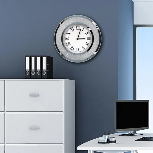 Miniatura 6 de DMDFIRST Reloj de Espejo Redondo Plateado Brillante de 12 pulgadas. Reloj de Pared Espejado Glamoroso Centelleante Brillante para Decoración