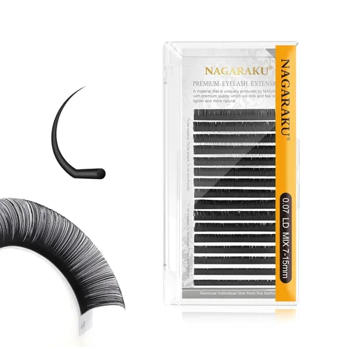 Miniatura 68 de NAGARAKU Extensiones de pestañas, pestañas individuales, 0.05mm, rizo D, 15mm, clásico, negro mate, suave, natural, profesional, 16 filas, 0.05-D