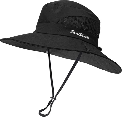 Miniatura 27 de Sombrero de sol de verano para mujer, cola de caballo – Protección UV de malla de ala ancha plegable con agujero para cola de caballo