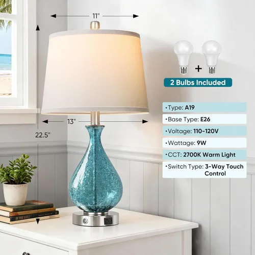 Miniatura 2 de QiMH Juego de 2 lámparas de mesa de cristal para sala de estar y dormitorio, luz LED de 22.5 pulgadas con control táctil, azul de 3 vías regulables