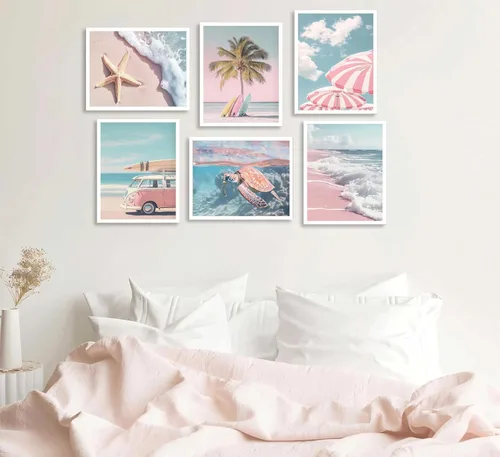 Miniatura 4 de 6 piezas de arte de pared de playa de verano fresco rosa tropical océano impresión de sillas de playa estrellas de mar tabla de surf palmera