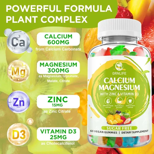 Miniatura 3 de Suplemento de calcio y magnesio y zinc con vitamina D3, gomitas de calcio sin azúcar para mujeres y hombres, gomitas de magnesio de alta potencia