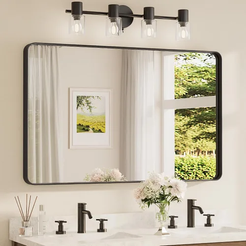 Miniatura 93 de TETOTE Espejo de marco dorado cepillado de 16 x 24 pulgadas, espejo de tocador de baño de latón dorado para pared, espejo enmarcado rectangular