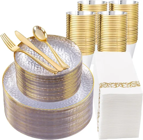 Miniatura 17 de DaYammi Juego de vajilla de plástico dorado transparente de 175 piezas, platos de plástico desechables martillados desechables para fiestas