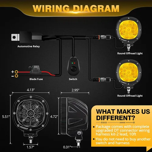 Auxbeam Paquete de luces LED redondas todoterreno de 4 pulgadas y 90 W, 9000 lúmenes, barra de luz ámbar para conducción en todo terreno, 4