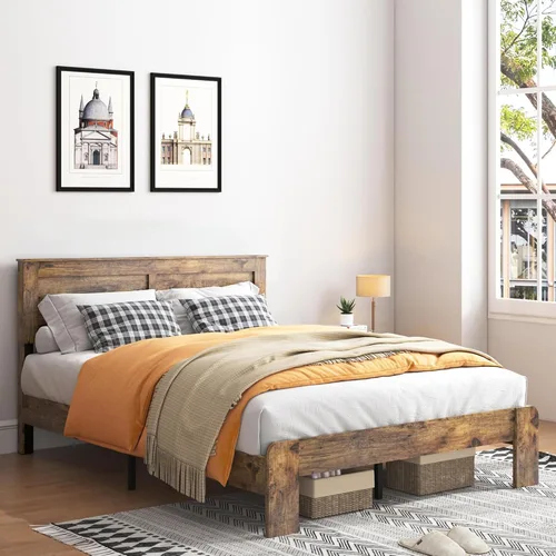Miniatura 9 de Base de cama de tamaño matrimonial con cabecero, plataforma de madera rústica con soporte de 12 listones de madera, no necesita somier, sin ruido