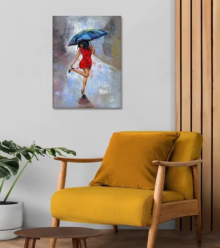 Miniatura 4 de Lienzo abstracto moderno para pared, póster de niña en vestido rojo caminando con paraguas azul, obra de arte para la decoración de pared