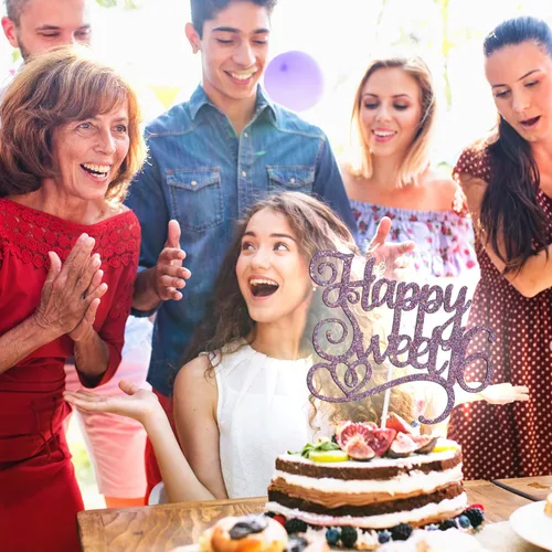 Miniatura 2 de Happy Sweet 16 - Decoración para tartas de cumpleaños de 16 años, decoraciones de feliz cumpleaños de 16 años para niñas y niños, purpurina morada