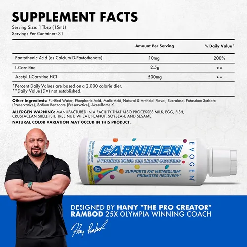 Miniatura 3 de Evogen Carnigen Premium L Carnitine Liquid – Suplemento L Carnitina 3000 Suplemento de carnitina L para el metabolismo y recuperación de la grasa