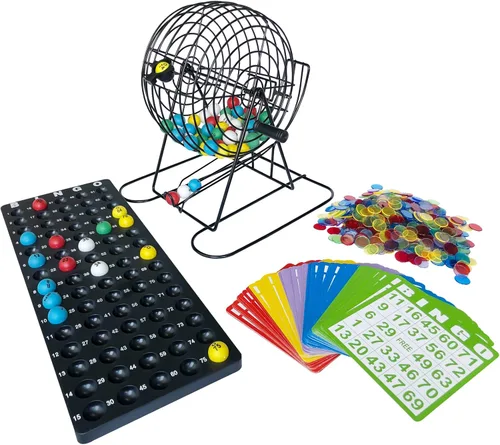 Yuanhe Juego de bingo jumbo - jaula de metal de 11 pulgadas de alto con tablero de llamadas, bolas de bingo de 7/8", 500 fichas de bingo, 100