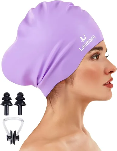 Miniatura 9 de Large Long Hair Swim Cap with Extra Room for Women Men, Silicone Swimming Cap for Long Thick Hair with Ear Plugs Nose Clip Set, Adult Waterproof