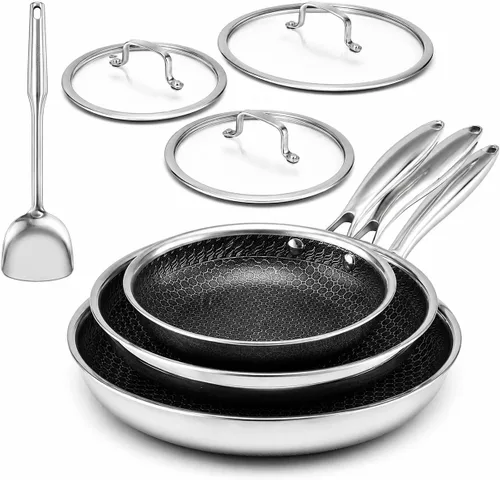 USELUCK Juego de Sartenes Antiadherentes, Sartenes Híbridas No Tóxicas de 8, 10 y 12 Pulgadas con Tapas, Aptas para Lavavajillas y Horno, Listas