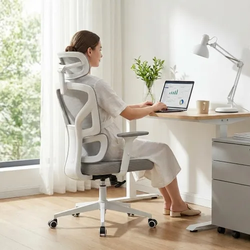 Miniatura 13 de Silla de oficina ergonómica con soporte lumbar ajustable, silla de escritorio de oficina en casa, cómoda silla de juegos de malla con reposabrazos