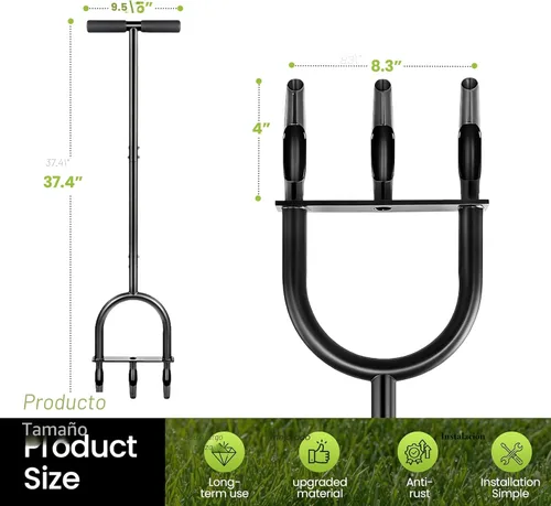 Miniatura 2 de Herramienta de aireación manual para el césped – Aireador de suelo manual resistente con 3 dientes huecos, removedor de tapones de césped y jardín