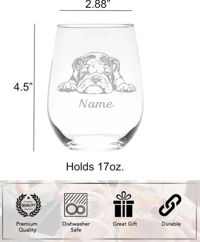 Miniatura 5 de C M Copa de vino sin tallo con bulldog inglés y nombre, 17 onzas, regalo personalizado para perros para mujeres y hombres, vidrio transparente