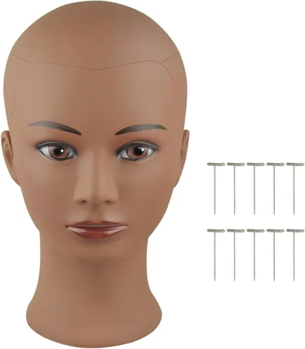Miniatura 7 de Cabeza de maniquí calvo profesional de cosmetología para hacer pelucas, exhibir pelucas, anteojos con pasadores en T (marrón y rojo, 18.9 pulgadas)