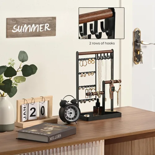 Miniatura 2 de MetWoods Organizador de joyas con bandeja, organizador de joyas de 5 niveles, organizador de aretes con 48 agujeros, 10 ganchos, soporte