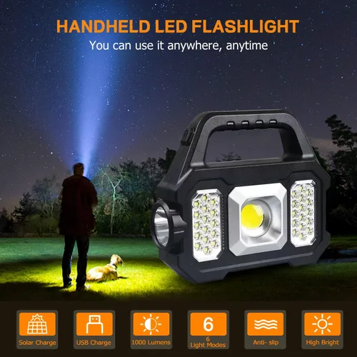 Miniatura 5 de Linterna Solar de Mano, 1000 Lúmenes Linternas de Mano con Carga Solar o USB, Linternas Portátiles Impermeables Alimentadas por Energía Solar con 6