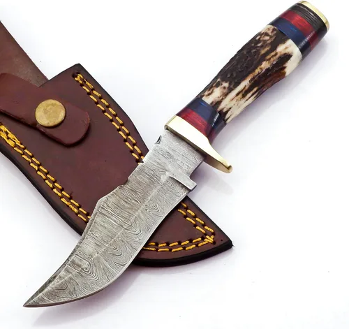 Miniatura 2 de BLAYDZ Cuchillo de caza de acero Damascus con cuerno de venado y gancho intestinal - Cuchillo de caza de 8 pulgadas con hoja de gancho intestinal