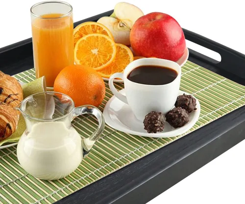Miniatura 5 de DILLMAN Bandeja de servir grande rectangular de madera negra bandeja de comida bandeja de mayordomo bandeja de desayuno con asas (pequeña)