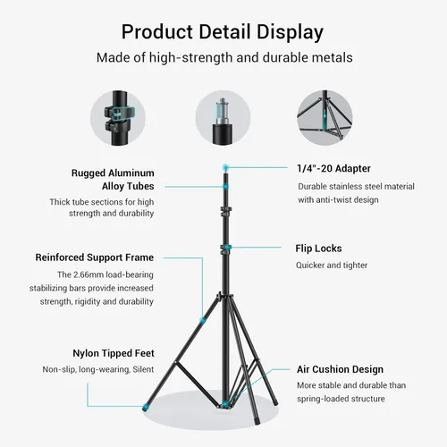 Miniatura 4 de SMALLRIG Soporte de luz para fotografía de 110 pulgadas/9.2 pies/280cm, soporte de trípode de aluminio acolchado con aire con tornillo de 1/4